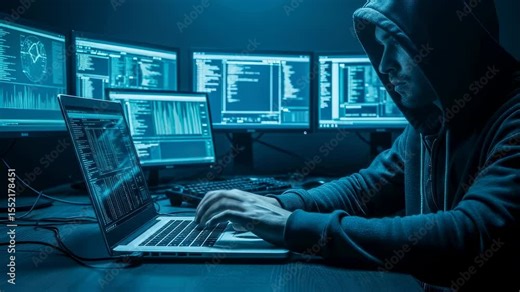Male hacker typing on laptop in dark room with multiple monitors displaying code and data, cybersecurity concept footage.