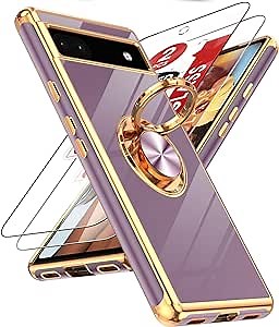LeYi for Google 6A Case: with Tempered Glass Screen Protector [2 Pack] 360° Rotatable Ring Holder Magnetic Kickstand, Plating Rose Gold Edge for Google Pixel 6A Case, Purple