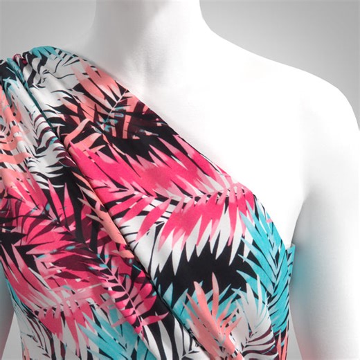Fernando - Salmon and Aqua Fronds Viscose Challis Woven Fabric from John Kaldor