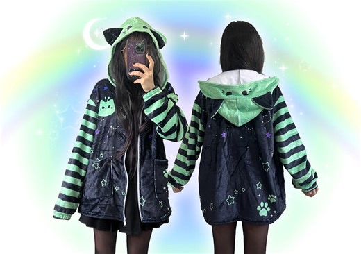 Fluffy Alien Cat Hoodie With Ears, Yami Kawaii Harajuku Bunny Ear Jacket, Creepy Cute Stripes Space Hoody, Uchuu Kei Alternative Jfashion - Etsy
