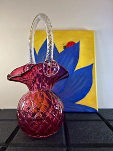 Chalet Glass by Sergio Pagnin | Cranberry Pink Optic Glass Basket | Signature Face Prunt | Vintage Hand Blown Art Glass, Circa 1962 - Etsy Canada