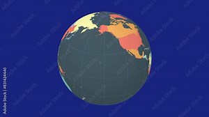 Spinning planet. Slanted sphere view. Slow speed planet rotation. Colored countries style. World map with graticule lines on vivid background. Appealing animation.