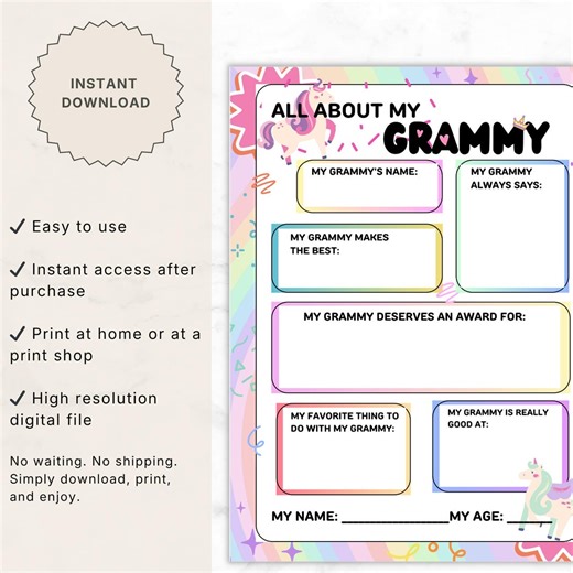 All About My Grammy Unicorn Theme Printable, Mother’s Day Kids Activity for Grandma, Fun Fillable Worksheet, Instant Download PDF - Etsy