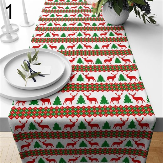 Red and Green Christmas Table Runner, Holiday Reindeer Dining Decor Runners - Etsy UK