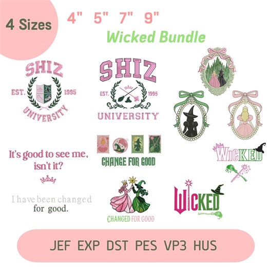 Wicked Embroidery Designs Bundle, Glinda and Elphaba Embroidery File, Wizard of Oz Movie Fan, Wicked Movie, Pink and Green, 4 Sizes - Etsy