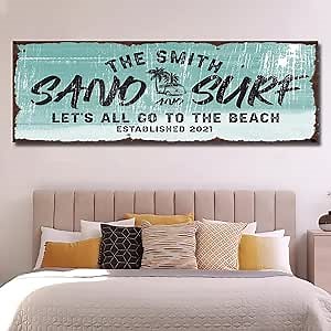 TAILORED CANVASES Beach Sign Wall Decor - Large Personalized Canvas, Coastal Wall Art Beach Signs for Home, Ocean, House, Porch, Living Room, and Bedroom - Sand and Surf, Rustic Decoration, 36"x12"