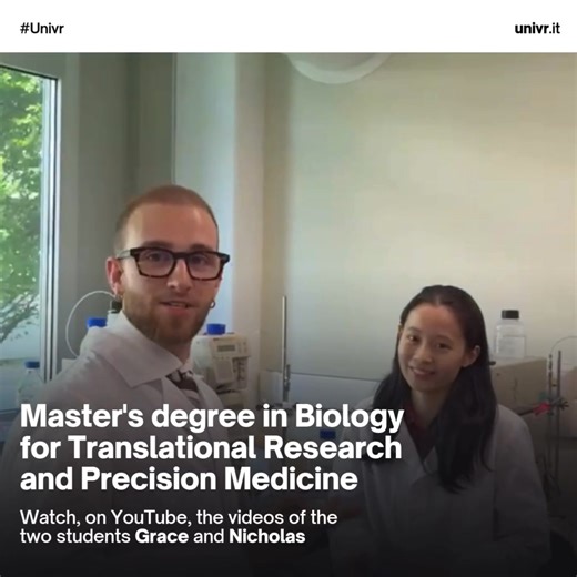 Grace e Nicholas, studenti del Corso di laurea magistrale in "Biology for Translational Research and Precision Medicine" dell'Ateneo di Verona, illustrano alcune delle caratteristiche del corso e i motivi per i quali l’hanno scelto… Grace and Nicholas, two students of the Master's Degree in "Biology for Translational Research and Precision Medicine" at the University of Verona, illustrate some of the features of the course and the reasons why they chose it… Grace: https://u.garr.it/h2LmK Nichola