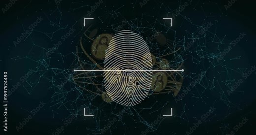 Fingerprint fading into center brackets framing scan bar sweeping network rotating verifying access