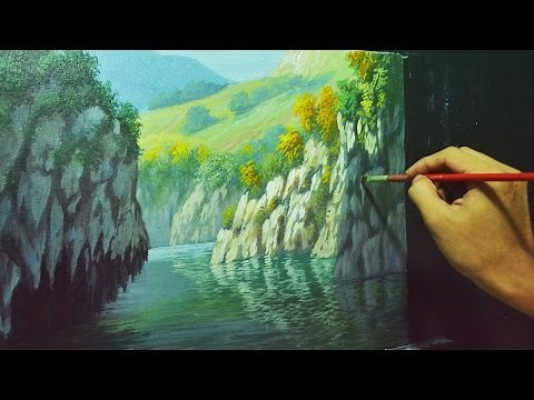 Acrylic Landscape Painting Lesson - Rocky Cliffs and River by JMLisondra