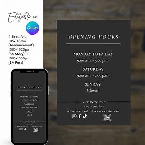 TEMPLATE, Opening Hours, Business Hours, 4 Sizes, Announcement, Sm/instagram Story & Post, Editable in Canva, Printable, Instant Download - Etsy UK