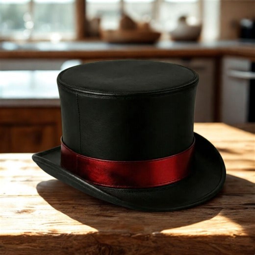 Steampunk Leather Top Hat – Black Gothic Cosplay Hat With Red Band - Etsy