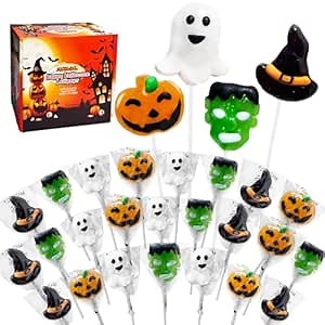 Big Halloween Lollipop Suckers Candy 24 Pack, Spooky Candy Lollipops, Pumpkin, Green Monster and Witch Hat Candy Sucker Lollipops Individually Wrapped for Halloween Goody Bag Fillers - Trick or Treat