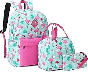 Flamingo School Backpack for Teen Girls, 3-in-1 Kids Backpack Bookbag Set School Bags with Lunch Box Pencil Case