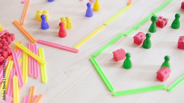 Child and adult hands engaged in educational game using colorful plastic counters and counting sticks on wooden table, Early childhood development, promotes fine motor skills