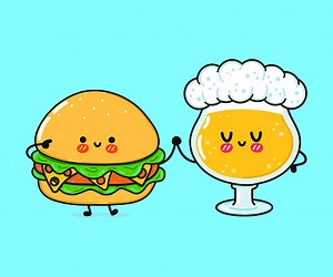 Cute, funny happy hamburger and beer. Vector hand drawn cartoon...
