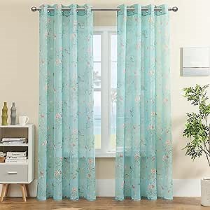 XTMYI Turquoise Aqua Blue Coastal Sheer Curtains, Botanical Floral Printed Grandmillennial Home Decor Summer Window Panel for Beach Theme Living Room Bedroom, 84 Inch Length