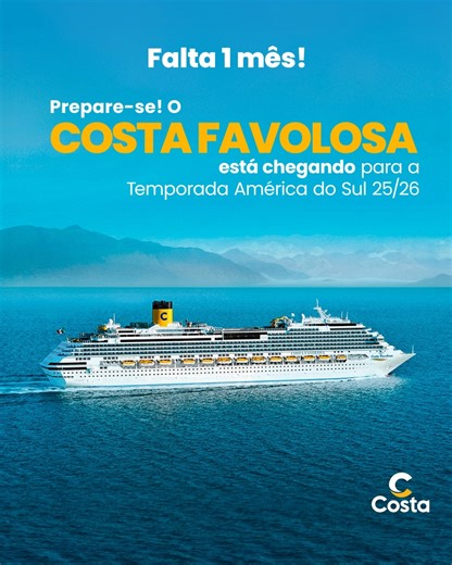 6.1K views · 77 reactions |  A contagem regressiva começou! Em 1 mês, o #CostaFavolosa chega com tudo para a Temporada América do Sul 25/26. Prepare-se para dias inesquecíveis com diversão para toda a família, roteiros incríveis, as melhores festas temáticas, gastronomia italiana e todo conforto que só a #CostaCruzeiros oferece. ✨ | Costa | Facebook