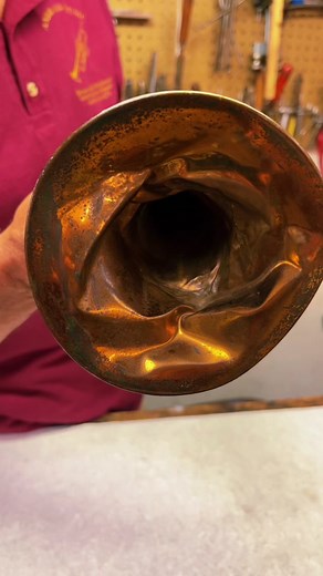 Removing huge Dents on this 1940’s Reynolds Trumpet Bell 🎺#brassinstrumentrepair #trumpetrepair #trumpetplayer #hornplayers #hornplayers #musicalinatrumentrepair #jazz #banda #restorations #marchingband #belltrumpetdentremoval #trumpets #beforeandafter
