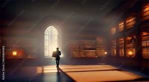 Ancient library with floating books and secret portals, whimsical and mysterious, digital art