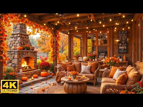 Cozy Autumn Porch Ambience 🍂 Gentle Piano Music & Fireplace Sounds for Focus and Relaxation