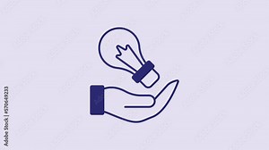 Blue Light bulb in hand with concept of idea icon isolated on purple background. Energy and idea symbol. Inspiration concept. 4K Video motion graphic animation