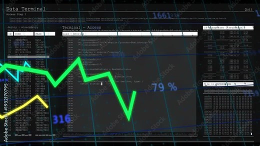 Data Terminal reveal showing central UI updating panels, logs flowing, graphs moving for metrics