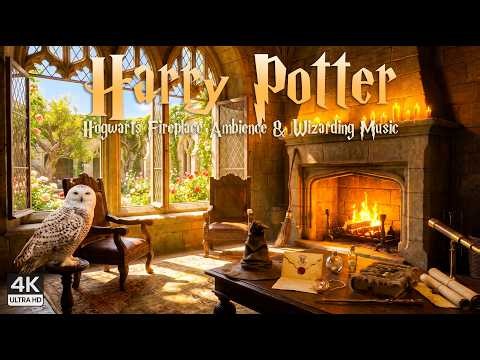 Sunlit Hogwarts Fireplace Room Ambience 🔥🌸 | Open Garden Window & Soft Harry Potter Music