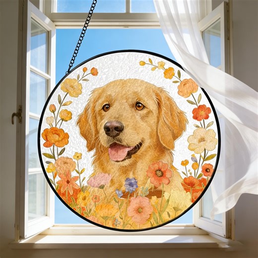 Dog Stained Glass Window Suncatcher - Golden Retriever Window Hanging, Tropical Home Decor - Etsy