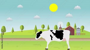 Cartoon cow with Farm background. Animated rural landscape.