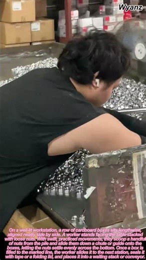 worker packing nuts into boxes on table assembly line | daily factory routine