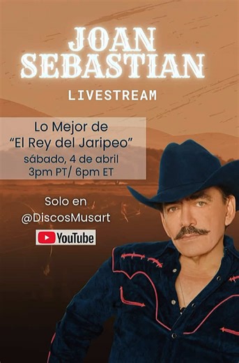 Acompáñanos hoy, sábado 4 de abril, a las 3 PM PT en un livestream especial celebrando los grandes éxitos de Joan Sebastian. Reconocido como uno de los más grandes cantautores de la música mexicana, su legado vive a través de canciones que han marcado a generaciones. Disfruta de sus temas más icónicos en el canal de @YouTube de Discos Musart. Link en la bio #ElReyDelJaripeo #ElPoetaDelPueblo #JoanSebastian #RegionalMexicano