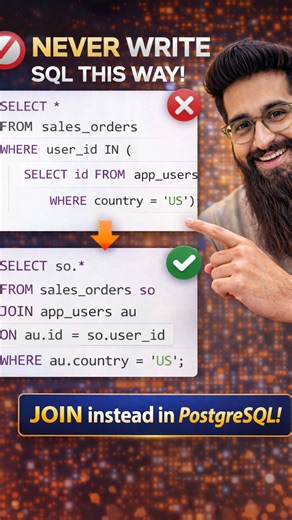 Hitesh | AI • Tech • Career on Instagram: "❌ Writing SQL that works ✅ Writing SQL that scales If you’re using IN (subquery) in PostgreSQL, you might be hurting performance without knowing it. 👉 JOIN is faster. JOIN is cleaner. JOIN wins. #PostgreSQL #SQLTips #BackendDevelopment #SoftwareEngineering #WebDevelopers"