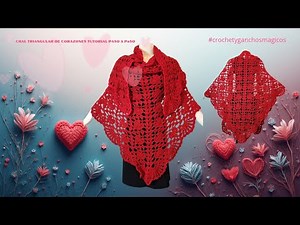 Tutorial paso a paso para tejer un chal triangular de corazones a crochet