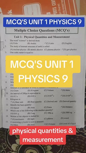 MCQs on Physical Quantities and Measurement for Physics 9