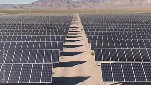 Solar Panel Array in a Desert Solar Farm During the Day, Aerial