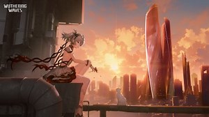 video game characters, sitting, legs, video game girls, two tone hair, blue eyes, whole body, bent legs, hair between eyes, hair blowing in the wind, closed mouth, Wuthering Waves, video game art, fan art, Camellya (Wuthering Waves), sunset, sunset glow, feline, dress, twintails, skyscraper, hair ornament, sunlight, sky, petals, building, side view, cityscape, clouds, title, cats, wind, earring | 4096x2302 Wallpaper - wallhaven.cc