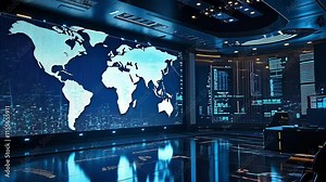 A modern command center features vibrant global maps on large screens, with advanced technology supporting data analysis. The sleek environment highlights innovation and strategy