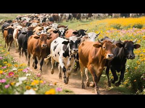 Cows racing through fields of flowers and grass in spring - Cow mooing - Cow video