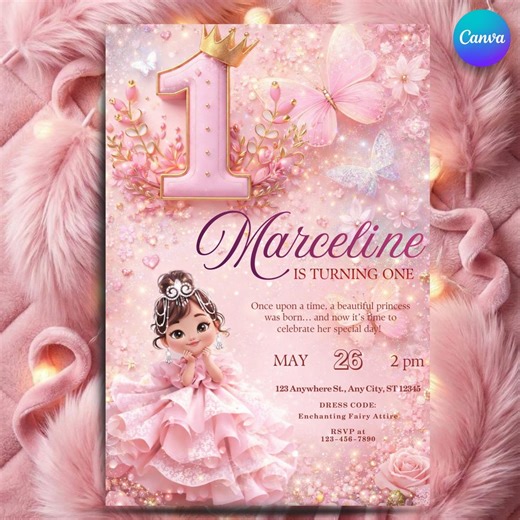 Princess 1st Birthday Invitation | Pink Fairy Princess Editable Invite | Girl First Birthday Digital Template | Butterfly Royal Party Invite - Etsy