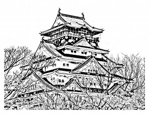 Temple of the cherry blossom season japan (Coloring Page)