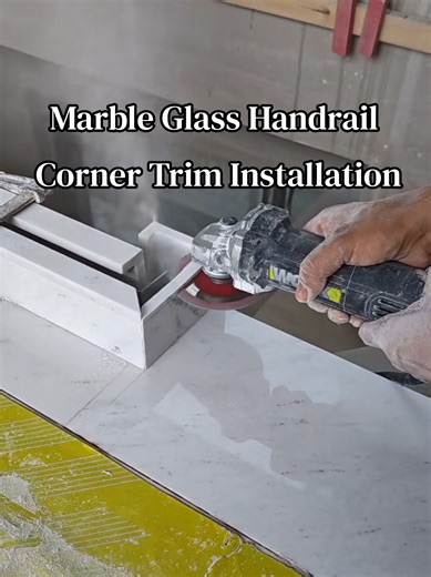 German white marble glass handrail corner trim installation video share. #stairs #glassrailing #marble #stoneinstallation#construction