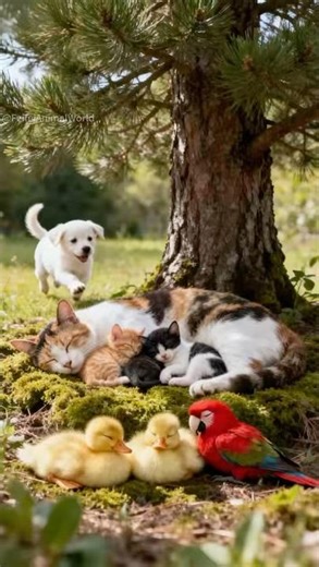 Playful Puppy Joins Cat Family—Naptime Hug Under the Shade