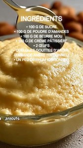 Crème frangipane – la recette facile et gourmande Une crème riche, onctueuse et parfumée, parfaite pour garnir galettes des rois, tartes et desserts aux fruits. Simple à préparer et toujours délicieuse ! Ingrédients • 100 g de sucre • 100 g de poudre d’amandes • 100 g de beurre mou • 100 g de crème pâtissière • 2 œufs • Quelques gouttes d’arôme d’amande amère (optionnel) • Un peu de rhum (optionnel) Préparation Dans un saladier, fouetter le beurre mou avec le sucre jusqu’à obtenir une texture cr