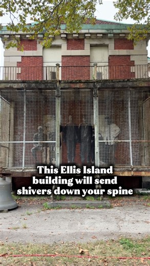 There are many moments on the @saveellisisland Hard Hat tour that will shivers down your spine, and one that stopped me in my tracks was the ideas of how to treat mental health in the psychiatric ward. Ellis Island’s hospitals were very advanced for their day, and they recognized the importance of fresh air for patients. However, those in the psychiatric ward might have to stay behind fences and cages while getting their fresh air. The art you see is by an artist named JR and it’s a wheat paste 