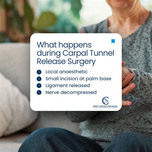 Chrysis Sofianos on Instagram: "Carpal tunnel release is one of the most common hand surgeries - and one of the most effective. The procedure takes around fifteen minutes under local anaesthetic, with most patients going home the same day. We make a small incision at the base of your palm and divide the transverse carpal ligament, releasing pressure on the median nerve. Many patients notice improvement in symptoms immediately, though full recovery takes several weeks. If nighttime tingling and n