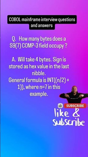 In COBOL, How many bytes does a S9(7) COMP-3 field occupy ?#cobol #jcl #mainframe #mainframeinterv