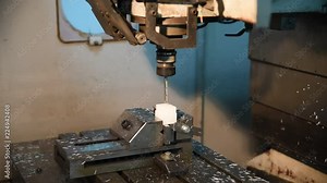 Process of milling plastic using on computer numerical control by using drills. Fast rotation speed, replacement of different type of drills. Manufacturing process closeup.