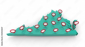 Virginia Commonwealth State VA Cities Map Pins Locations Background 3d Animation