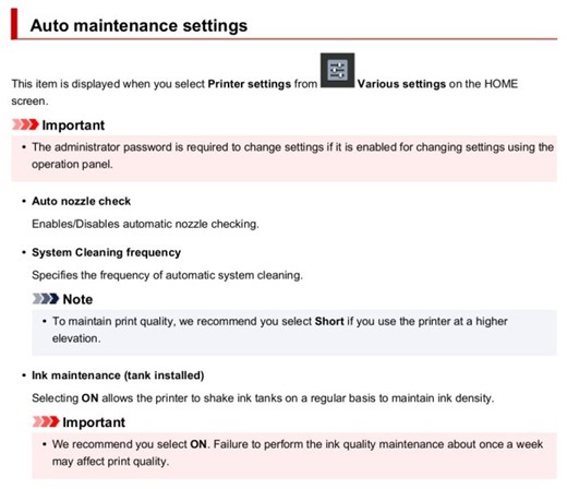 Canon imagePROGRAF PRO-1100 - Auto maintenance settings