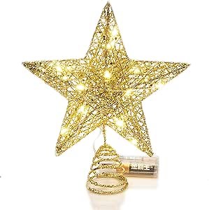 Emopeak 20 LED Christmas Tree Topper, 8 x 10 Inch Indoor Iron Art Star Treetop Light, Two Modes (Keep Light ON/Flash) (Gold, 8"/20CM)